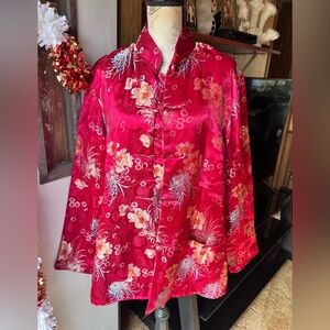 vintage Newport News Asian-style floral jacquard jacket with frog closures.
